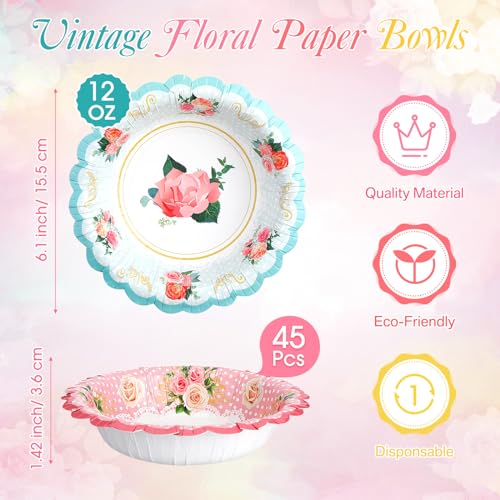 Domensi 45 Pcs Tea Party Paper Bowls 12oz Floral Vintage Soup Bowl Pink Blue Yellow Flower Disposable Food Bowls for Tea Party Wedding Mom Birthday Baby Shower Spring Holiday - Image 3