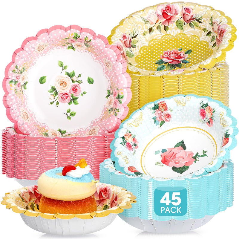 Domensi 45 Pcs Tea Party Paper Bowls 12oz Floral Vintage Soup Bowl Pink Blue Yellow Flower Disposable Food Bowls for Tea Party Wedding Mom Birthday Baby Shower Spring Holiday - Image 2