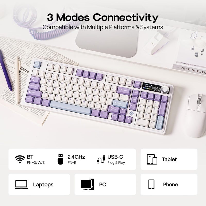 ميكلاندز لوحة مفاتيح ألعاب لاسلكية MechLands AJAZZ AK980 بنسبة 96% مع منفذ USB-C/BT5.0/2.4GHz وشاشة TFT مقاس 1.14 بوصة، لوحة مفاتيح ميكانيكية كريمية قابلة للتبديل السريع مع لوحة FR4، مقبض دوار، إضاءة RGB لأنظمة Win/Mac (أبيض) - Image 5