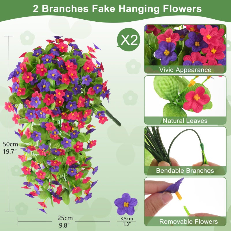 ZFProcess Artificial Fake Hanging Flowers for Outdoors, 2 Pcs Artificial Hanging Plants Outdoors Spring Summer Decor, UV Resistant Faux Violet Silk Flowers for Planters Front Door Yard Garden(Purple Rose Red) - Image 2