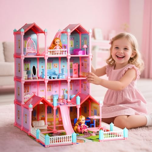 CUTE STONE Huge Dollhouse for Girls Large Pretend Play Pink Doll House Gift for Kids - Image 5