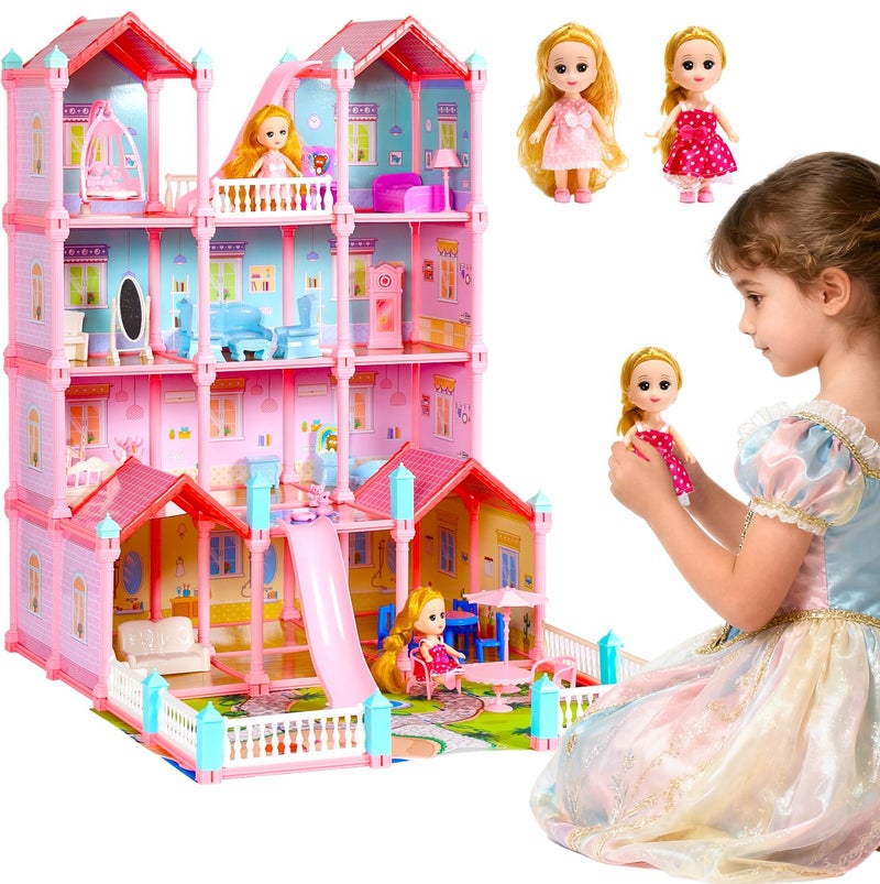 CUTE STONE Huge Dollhouse for Girls Large Pretend Play Pink Doll House Gift for Kids - Image 3