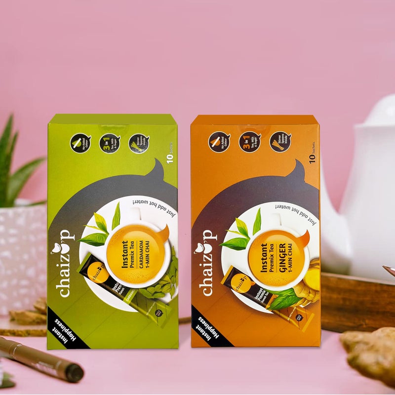 Chaizup Premium 1 Min Instant Assorted Tea Pack - 20 Sachets | Cardamom & Ginger Flavours | 20 Servings | 2 Packs (10 Flavours Each) | 280g - Image 4
