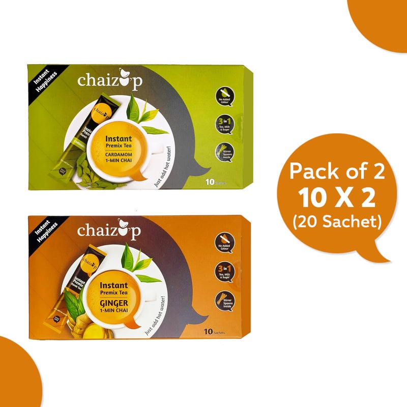 Chaizup Premium 1 Min Instant Assorted Tea Pack - 20 Sachets | Cardamom & Ginger Flavours | 20 Servings | 2 Packs (10 Flavours Each) | 280g - Image 2