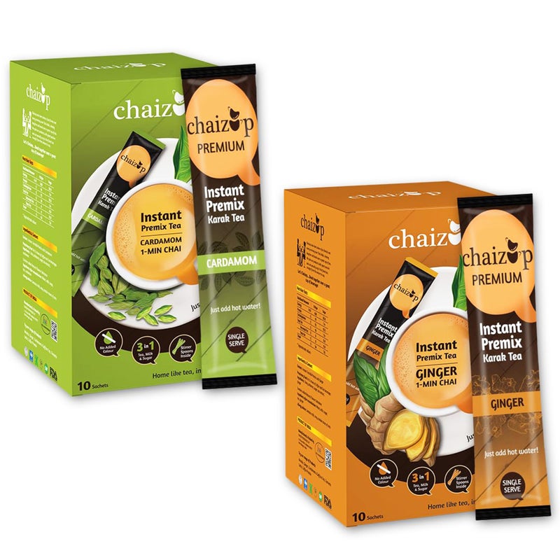 Chaizup Premium 1 Min Instant Assorted Tea Pack - 20 Sachets | Cardamom & Ginger Flavours | 20 Servings | 2 Packs (10 Flavours Each) | 280g - Image 1