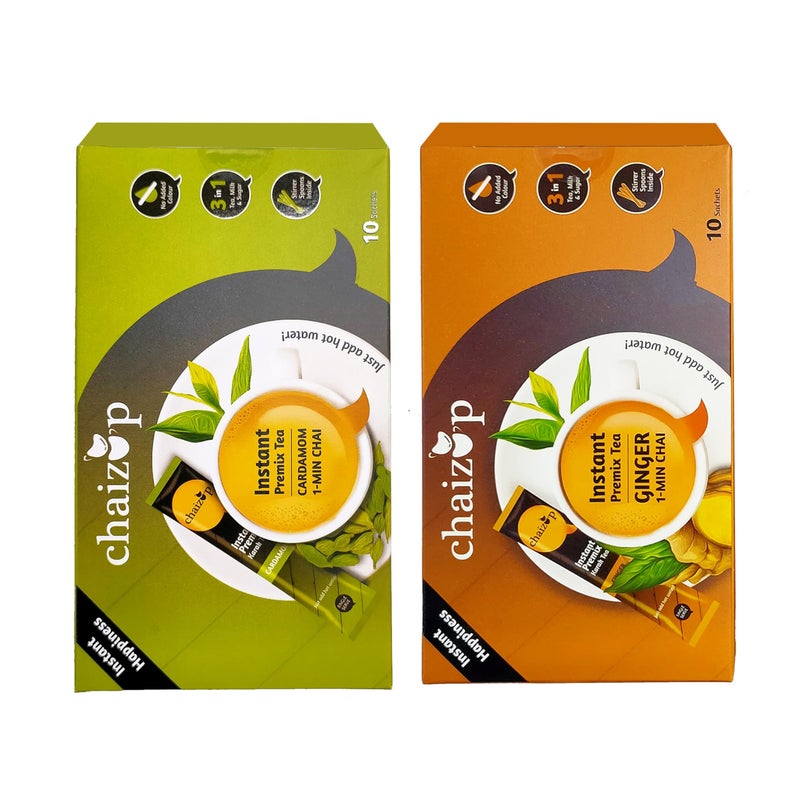 Chaizup Premium 1 Min Instant Assorted Tea Pack - 20 Sachets | Cardamom & Ginger Flavours | 20 Servings | 2 Packs (10 Flavours Each) | 280g - Image 3