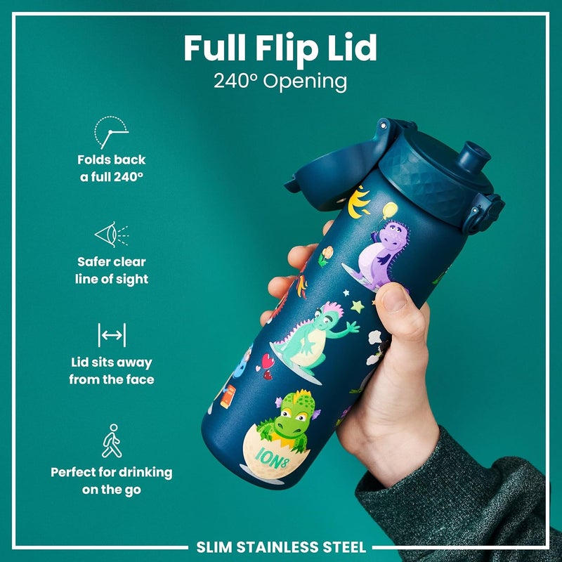 ion8 Steel Water Bottle, 600 ml, Leak-Proof, One-Handed Opening, Secure Locking, Dishwasher Safe, Flip Lid, Carry Handle, Easy to Clean, Durable, Dragon Design - Image 3