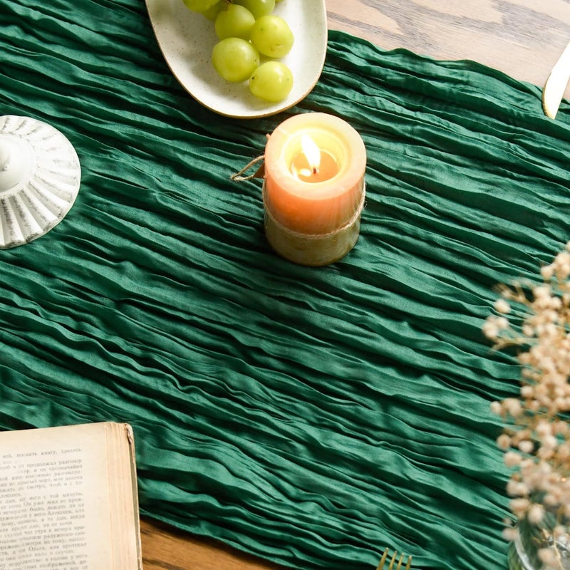 Artoid Mode Boho Emerald Green Gauze Wedding Cheesecloth Table Runner, 35x120 Inch Seasonal Fabric Kitchen Dining Holiday Table Decor for Home Party - Image 3