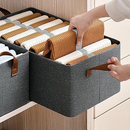 Wardrobe Organizer For Clothes With Metal Frame Rectangle Storage Baskets Clothing Fabric Box Handles Shelf Basket Pants Jeans Pack Of 3 Grey - Image 3