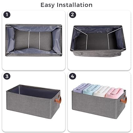 Wardrobe Organizer For Clothes With Metal Frame Rectangle Storage Baskets Clothing Fabric Box Handles Shelf Basket Pants Jeans Pack Of 3 Grey - Image 2