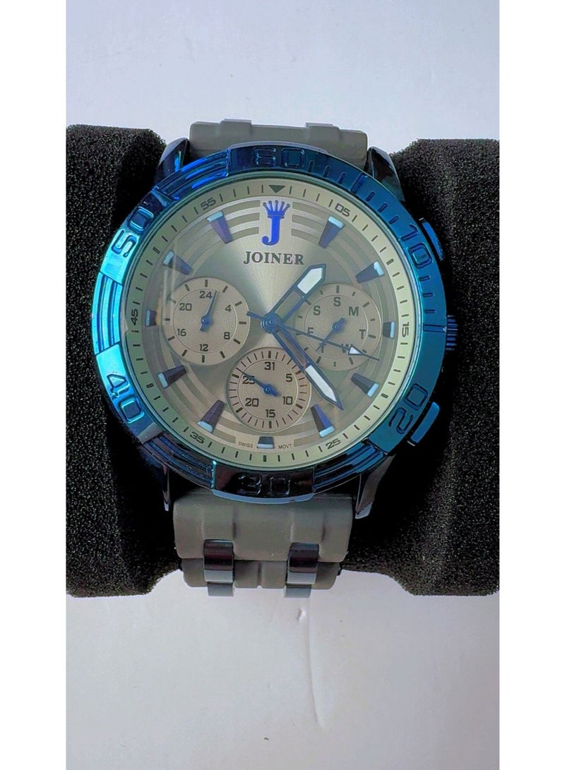 JOINER Men's Multi-Function Swiss Movement Watch - JO14144G | Blue Bezel with Grey Silicone Strap, 3ATM Water Resistant - Image 1