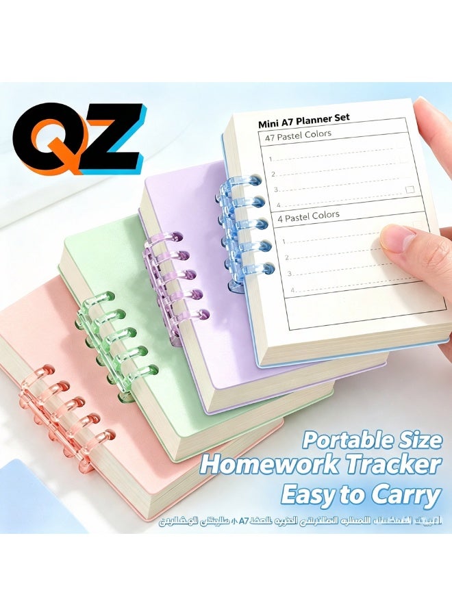 QZ Set of 4 A7 Mini Loose-Leaf Homework Tracker Notebooks, Macaron Pastel Pocket Student Assignment Record Book, Portable Daily Task Planner School Stationery Pack - Image 1