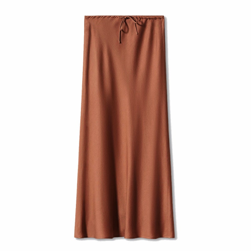Cross-border Amazon high quality Satin 2024 Long Dress High Waist Drawstring Lace Solid Color Skirt Womens Cross-border Womens Clothing Brown