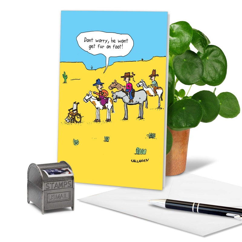 NobleWorks - 1 Funny Cartoon Card for Birthdays - Humor Bday Comic, Notecard with Envelope - Won't Get Far on Foot C6277BDG - Image 3