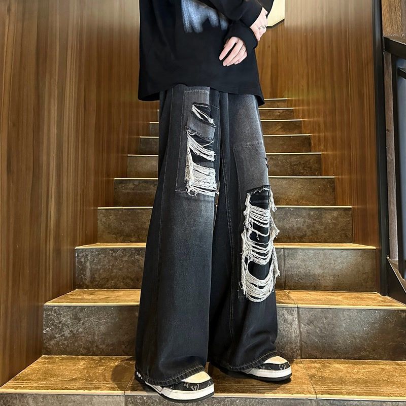 American Retro Ripped Jeans Men'S Autumn Ripped Street Straight-Leg Loose Wide-Leg Pants - Image 1