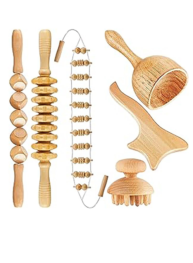 6-in-1 Wood Therapy Massage Tools Lymphatic Drainage Massager Maderoterapia Kit Professional Wooden Stomach Massager Roller Body Sculpting Tools for Belly Fat Legs Arms Neck - Image 2