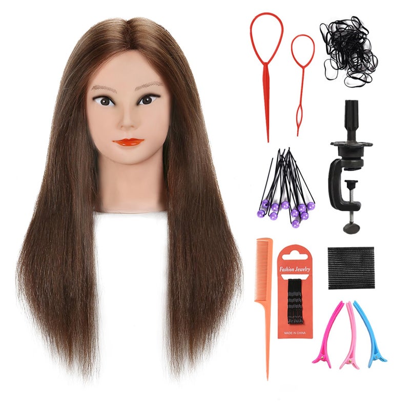 100 Real Human Hair Mannequin Head with Stand Hairdressers Practice Training Head and Cosmotology Doll Head for Hairstyling and Braid 18 inches Dark Brown