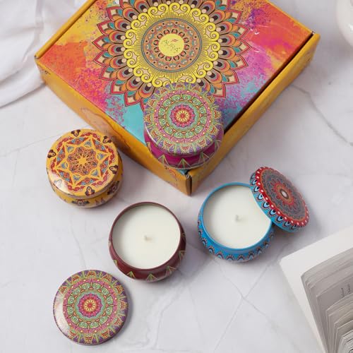 AURA DECOR AuraDecor Tin Candle Aromatherapy Gift Set of 4 | Vanilla, Oudh, Mandarin & Lavender Scented Soy Wax Candles in Moroccan Tins | Home Fragrance Decor & Gifting - Image 1