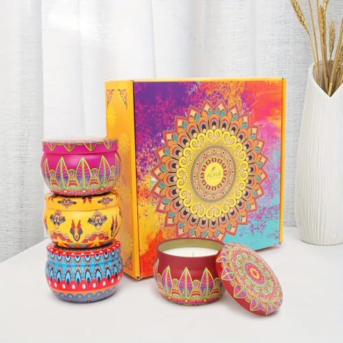 AURA DECOR AuraDecor Tin Candle Aromatherapy Gift Set of 4 | Vanilla, Oudh, Mandarin & Lavender Scented Soy Wax Candles in Moroccan Tins | Home Fragrance Decor & Gifting - Image 2