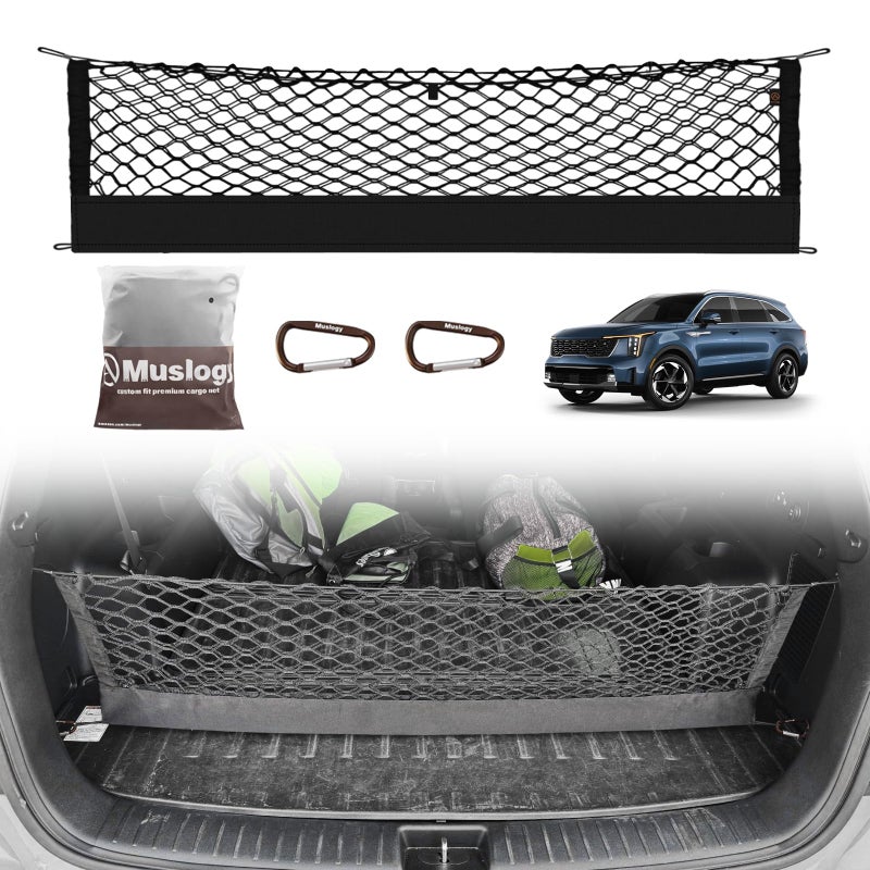 Muslogy Envelope Style Trunk Cargo Net Compatible with 20212024 2025 Kia Sorento Accessories Custom Fit Trunk Organizer Upgraded Mesh Storage Luggage Net with Metal Hooks