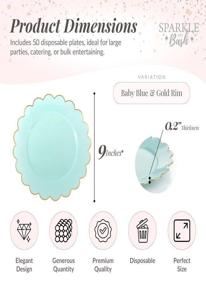 Sparkle and Bash Bulk 50 Pack Scalloped Plates - 9 Inch Baby Blue Plastic Plate with Elegant Gold Rim - Fancy Disposable Plates for Party, Birthday, Wedding, Baby Shower, Gender Reveal and Holidays - Image 3