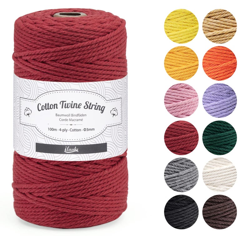 ilauke 3MM Cotton Macrame Rope Cord100M Red DIY Craft Cord Cotton Rope for Handmade Plant Hanger Wall Hanging Craft Making Crafts Home  Wedding Knitting Decorative Projects