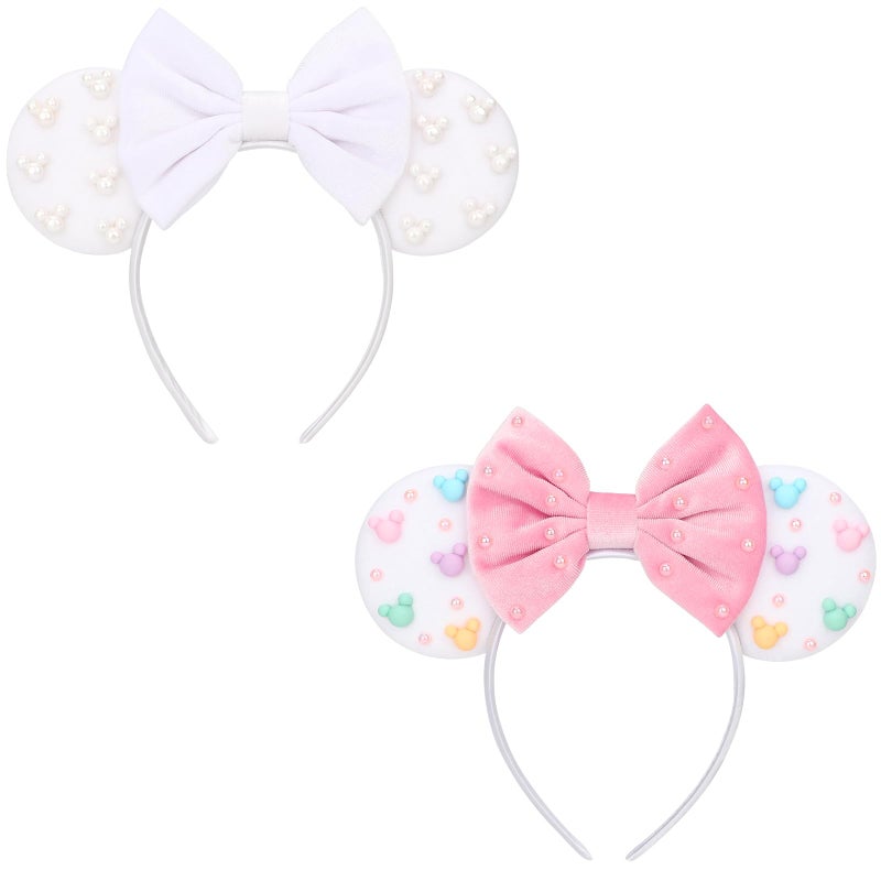 DRESHOW Mouse Ears Headbands for Women Plain White Pearl Mickey Ears Hairbands Bow Head Bands Velvet Head Band Cosplay Costume Princess Party Decorations Disney Trip - Image 1