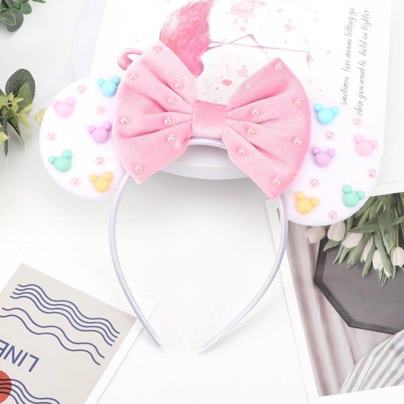 DRESHOW Mouse Ears Headbands for Women Plain White Pearl Mickey Ears Hairbands Bow Head Bands Velvet Head Band Cosplay Costume Princess Party Decorations Disney Trip - Image 4