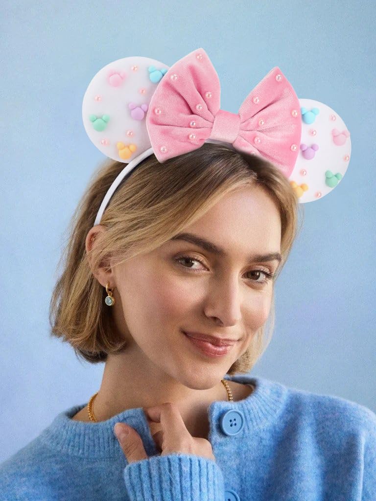 DRESHOW Mouse Ears Headbands for Women Plain White Pearl Mickey Ears Hairbands Bow Head Bands Velvet Head Band Cosplay Costume Princess Party Decorations Disney Trip - Image 3