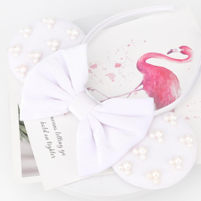 DRESHOW Mouse Ears Headbands for Women Plain White Pearl Mickey Ears Hairbands Bow Head Bands Velvet Head Band Cosplay Costume Princess Party Decorations Disney Trip - Image 2