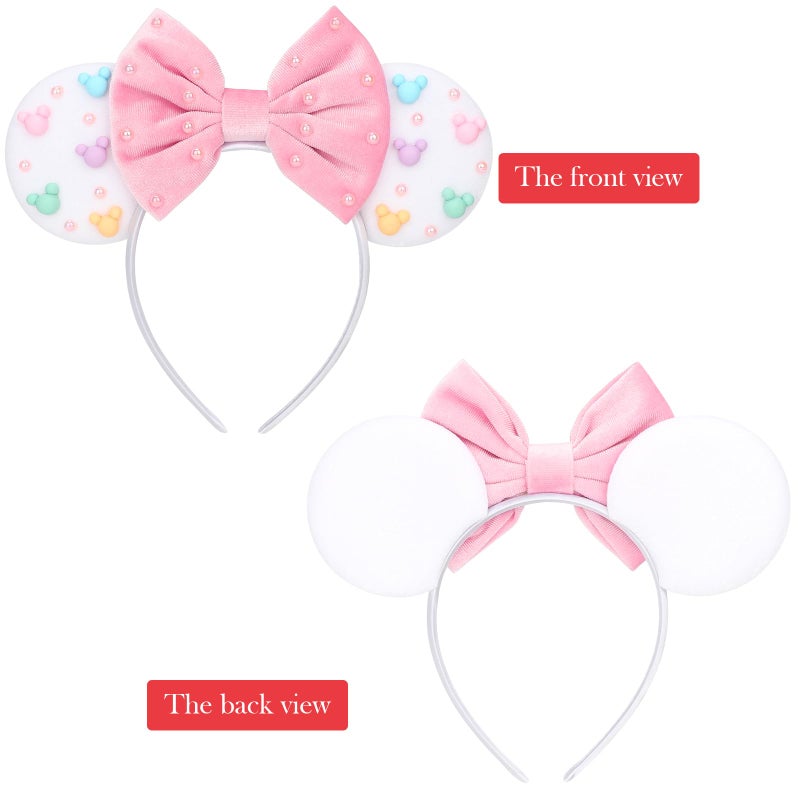 DRESHOW Mouse Ears Headbands for Women Plain White Pearl Mickey Ears Hairbands Bow Head Bands Velvet Head Band Cosplay Costume Princess Party Decorations Disney Trip - Image 5