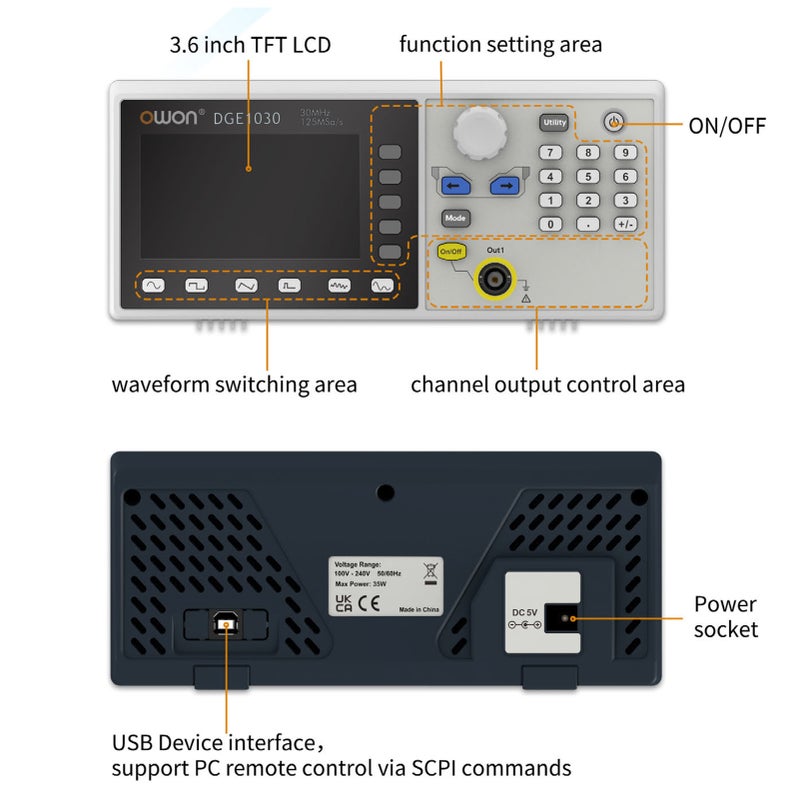 OWON DGE1030 30MHz 125MSa/s Arbitrary Waveform Generator Single Channel 1CH 3.6inch LCD Display Benchtop 14Bits Waveform Generator - Image 5