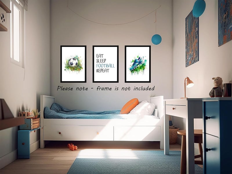Eviepops Prints Football Set of 3 Unframed Prints, Football Boots and Ball with Quote Posters, Green Watercolour Splash, Boys Girls Bedroom Football Soccer Wall Art, Football Decor, Eat Sleep Football Repeat (A4) - Image 5