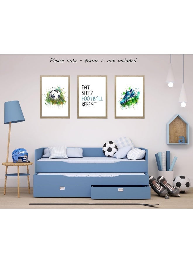 Eviepops Prints Football Set of 3 Unframed Prints, Football Boots and Ball with Quote Posters, Green Watercolour Splash, Boys Girls Bedroom Football Soccer Wall Art, Football Decor, Eat Sleep Football Repeat (A4) - Image 2