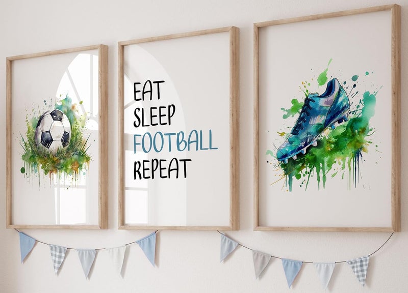 Eviepops Prints Football Set of 3 Unframed Prints, Football Boots and Ball with Quote Posters, Green Watercolour Splash, Boys Girls Bedroom Football Soccer Wall Art, Football Decor, Eat Sleep Football Repeat (A4) - Image 1