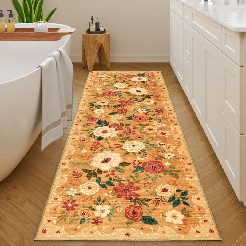 DUKINO 2x6 Runner Rug for Hallway, Washable Kitchen Runner Rug with Non Slip Backing, Low Pile Soft Boho Floral Runner for Kitchen, Hallway, Entryway, Laundry, Bedroom, Orange - Image 3