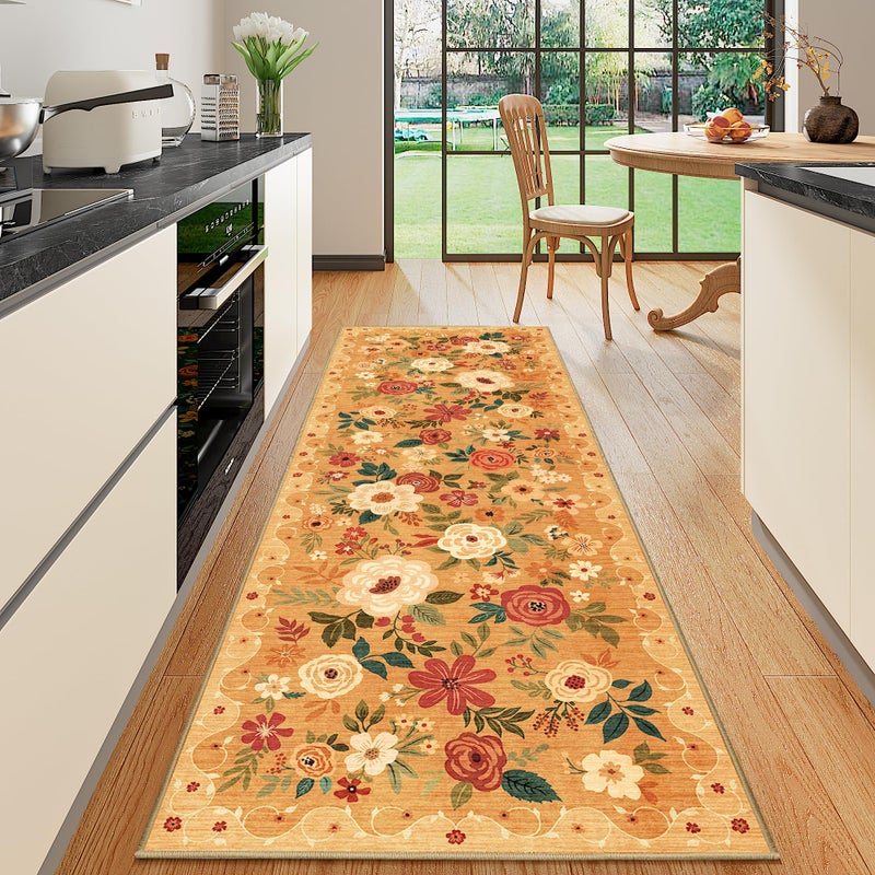 DUKINO 2x6 Runner Rug for Hallway, Washable Kitchen Runner Rug with Non Slip Backing, Low Pile Soft Boho Floral Runner for Kitchen, Hallway, Entryway, Laundry, Bedroom, Orange - Image 1