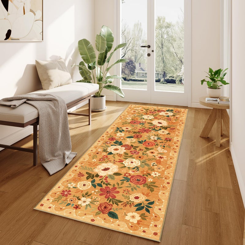 DUKINO 2x6 Runner Rug for Hallway, Washable Kitchen Runner Rug with Non Slip Backing, Low Pile Soft Boho Floral Runner for Kitchen, Hallway, Entryway, Laundry, Bedroom, Orange - Image 2
