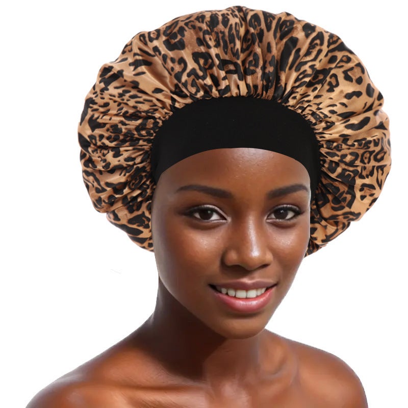 Leopard Print Nightcap Wide Brimmed Satin Cap Hair Care Cap Wash Hat Shower Cap Hairbonnet - Image 5