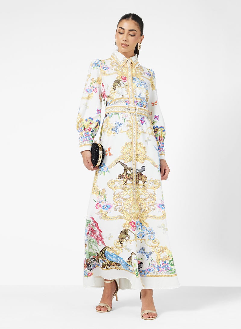 FYOR Bohemian Luxe Printed Maxi Dress – Multicolor Floral & Butterfly Design with  Embellished Collar - Image 4