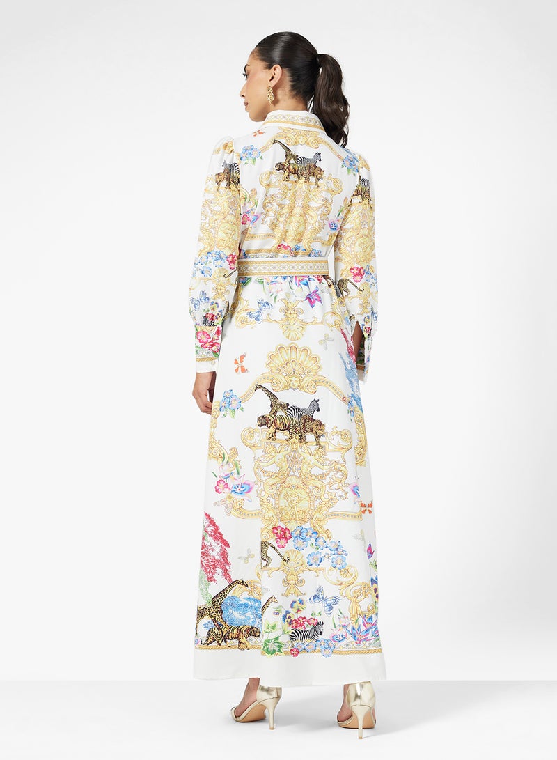 FYOR Bohemian Luxe Printed Maxi Dress – Multicolor Floral & Butterfly Design with  Embellished Collar - Image 2
