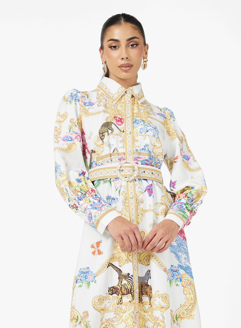 FYOR Bohemian Luxe Printed Maxi Dress – Multicolor Floral & Butterfly Design with  Embellished Collar - Image 3