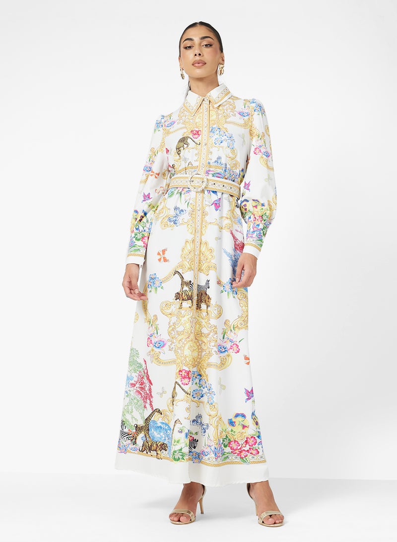 FYOR Bohemian Luxe Printed Maxi Dress – Multicolor Floral & Butterfly Design with  Embellished Collar - Image 1