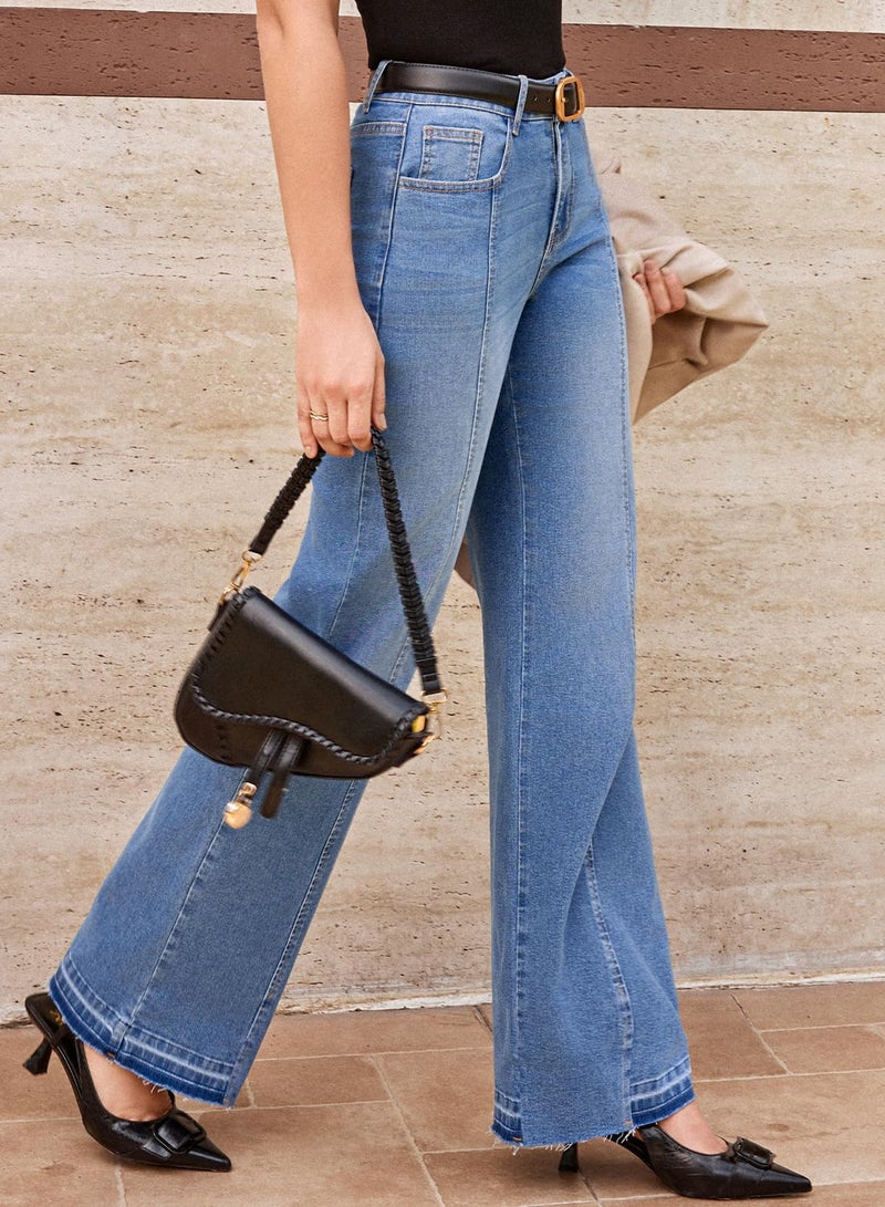 EVALESS Straight Leg Jeans for Women High Waist Wide Leg Frayed Baggy Raw Hem Boyfriends Trousers 2026 Fashion Trendy Stretchy Denim Pants,Myosotis Size 6 - Image 2