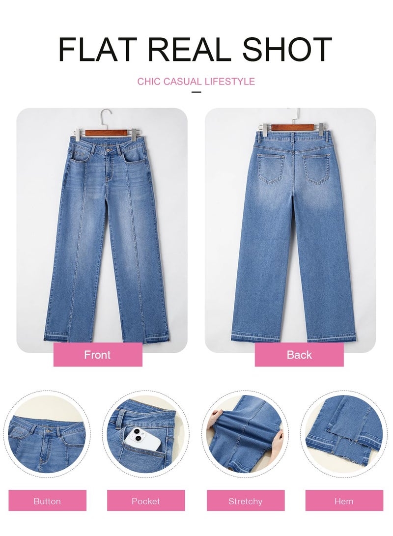 EVALESS Straight Leg Jeans for Women High Waist Wide Leg Frayed Baggy Raw Hem Boyfriends Trousers 2026 Fashion Trendy Stretchy Denim Pants,Myosotis Size 6 - Image 5