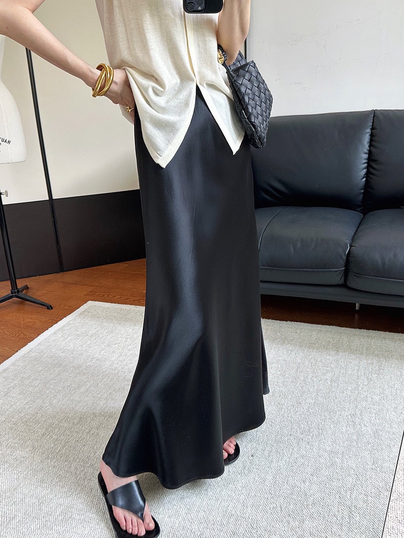 Black Satin Acetic Acid Skirt Women'S Dipped A- Line Skirt With Loosening Waist And Hip Long Fishtail Skirt - Image 3