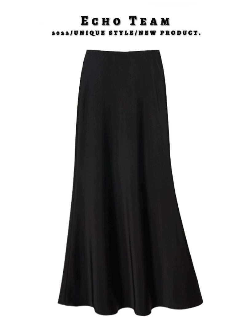 Black Satin Acetic Acid Skirt Women'S Dipped A- Line Skirt With Loosening Waist And Hip Long Fishtail Skirt - Image 2