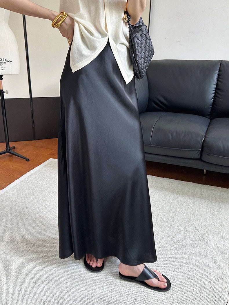 Black Satin Acetic Acid Skirt Women'S Dipped A- Line Skirt With Loosening Waist And Hip Long Fishtail Skirt - Image 4