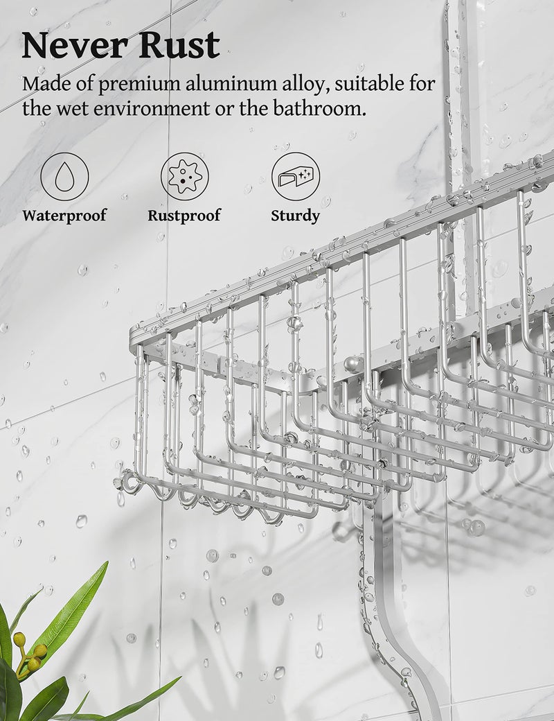YASONIC Shower Caddy Hanging - Never Rust Shower Organizer - Aluminum Over The Shower Head Caddy with 10 Hooks for Razor/Sponge - Shower Rack with Soap Basket - Silver - Image 3