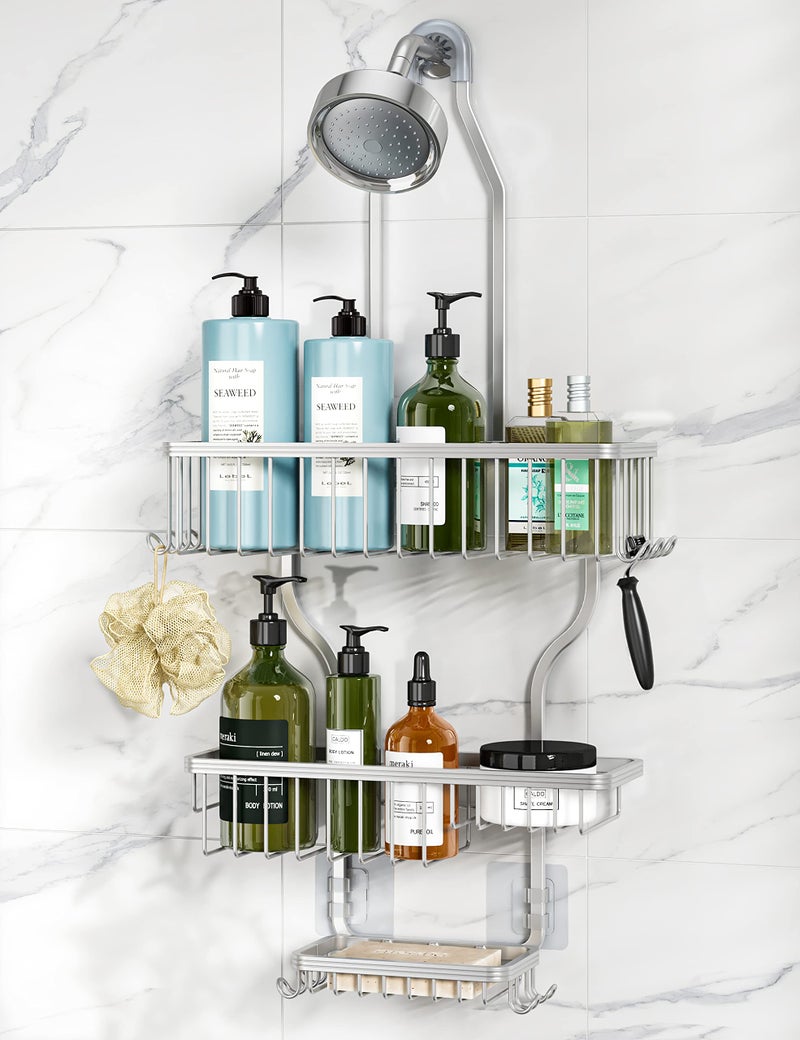 YASONIC Shower Caddy Hanging - Never Rust Shower Organizer - Aluminum Over The Shower Head Caddy with 10 Hooks for Razor/Sponge - Shower Rack with Soap Basket - Silver - Image 1